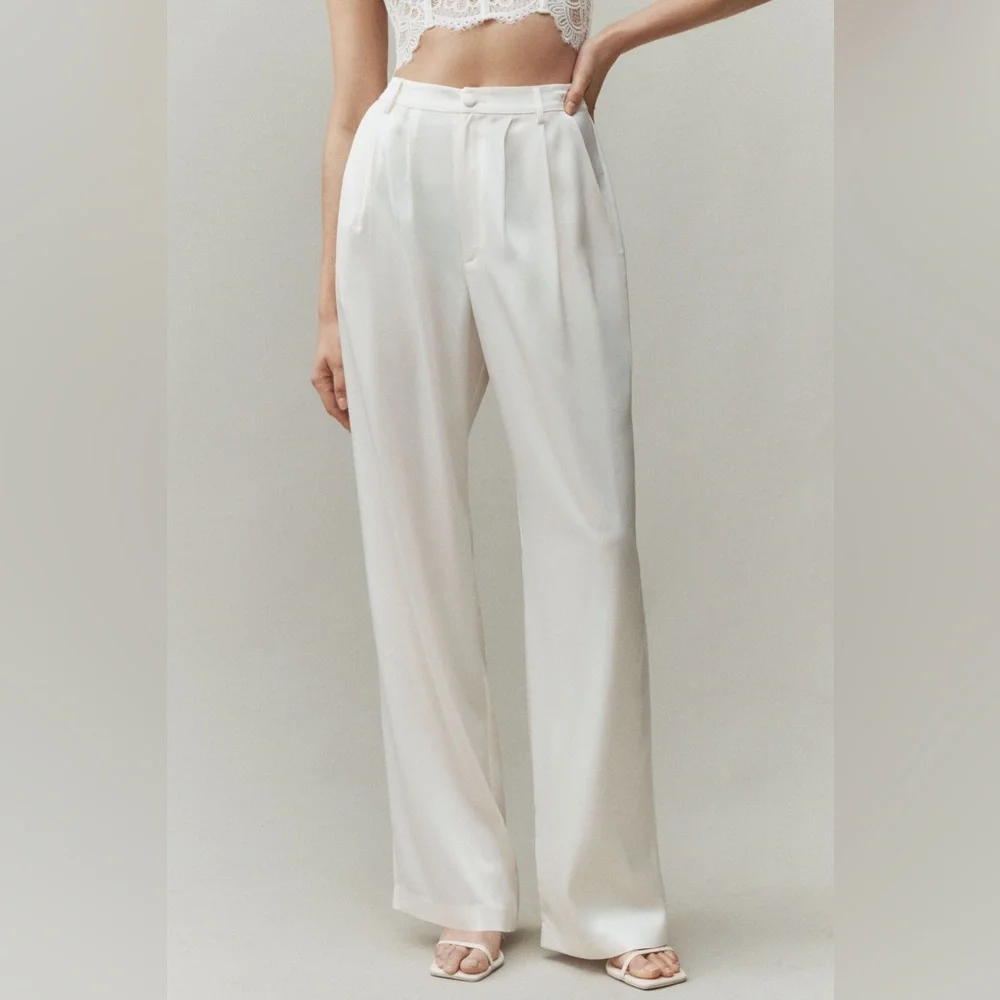 Reformation Mason Satin Style Pants in Ivory Size 10 - Picture 2 of 7